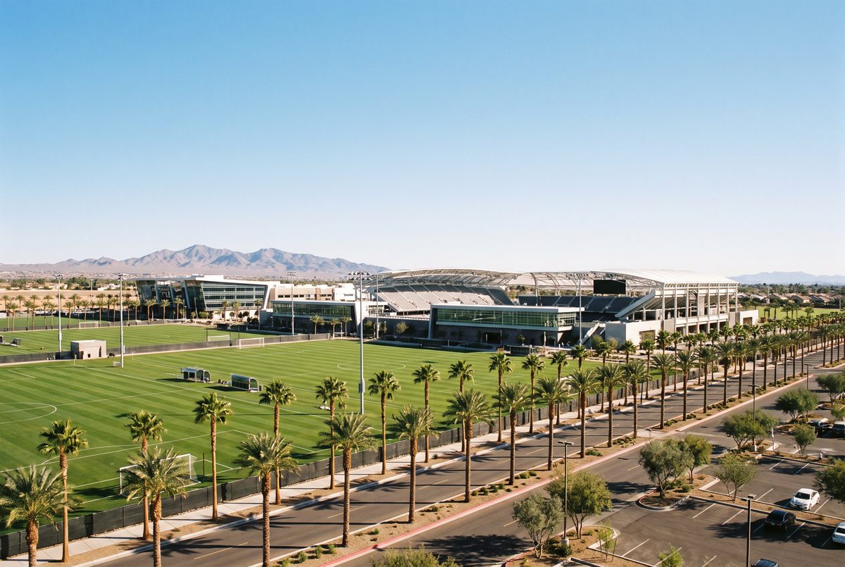 A modern American soccer stadium and training complex with palm trees